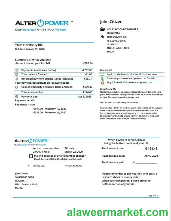Malta AlterPower Malta proof of address utility bill template in Word and PDF format